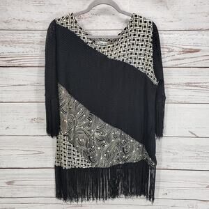 Molato Women's Black Color block Fringe 3/4 Sleeve Top Size Small